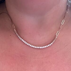 JCL rose gold paperclip necklace over sterling silver, cubic zirconium stones